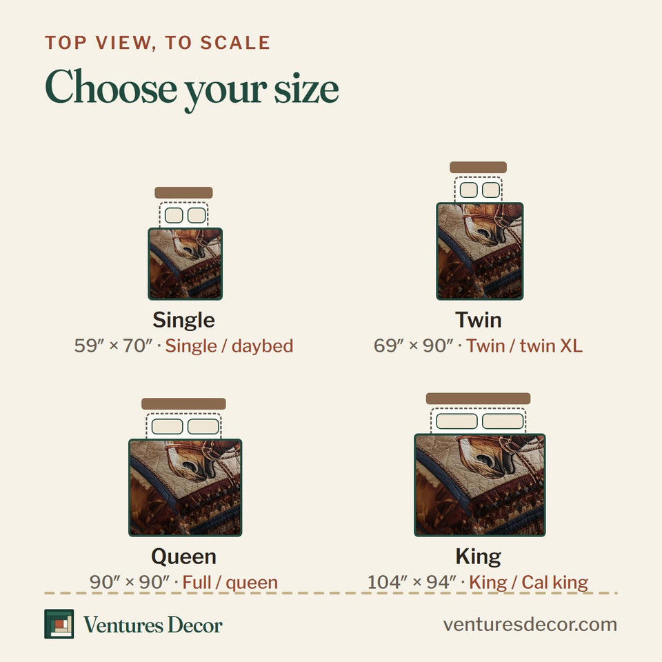Size guide for the Prairie Horse Halter Portrait Panel quilt, top view to scale: Single 59 x 70 in, Twin 69 x 90 in, Queen 90 x 90 in, King 104 x 94 in