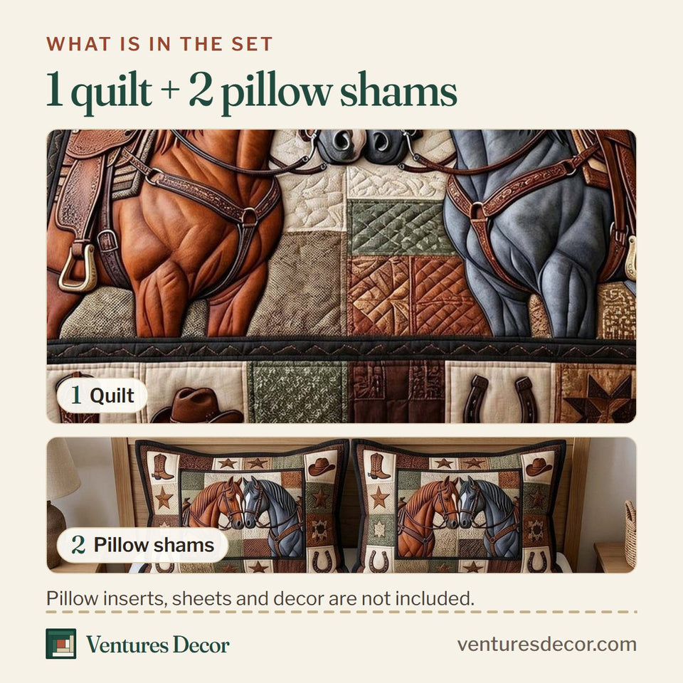 What is in the set: one quilt and two pillow shams, shown in the Prairie Horse Nuzzling Pair Blocks design