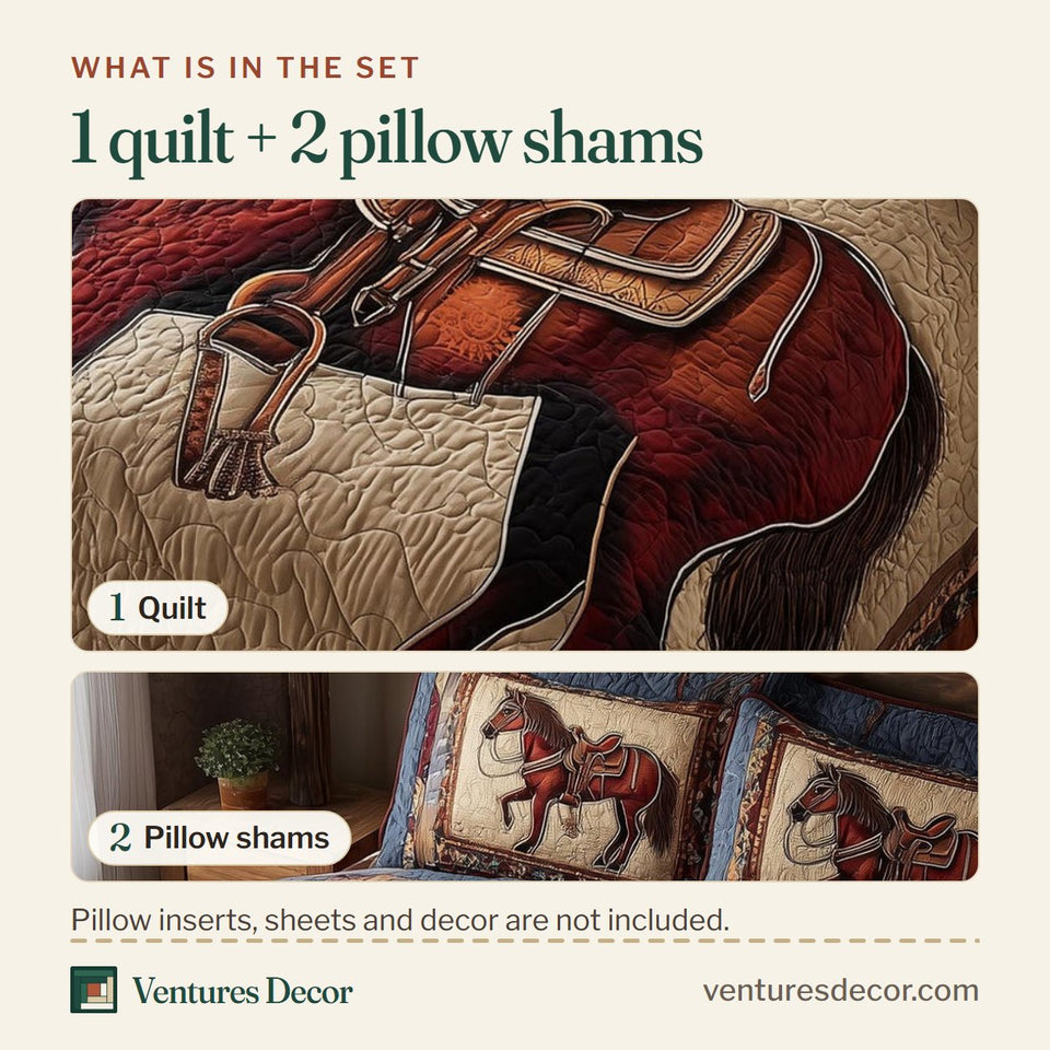 What is in the set: one quilt and two pillow shams, shown in the Prairie Horse Red Blue Patch Saddle design