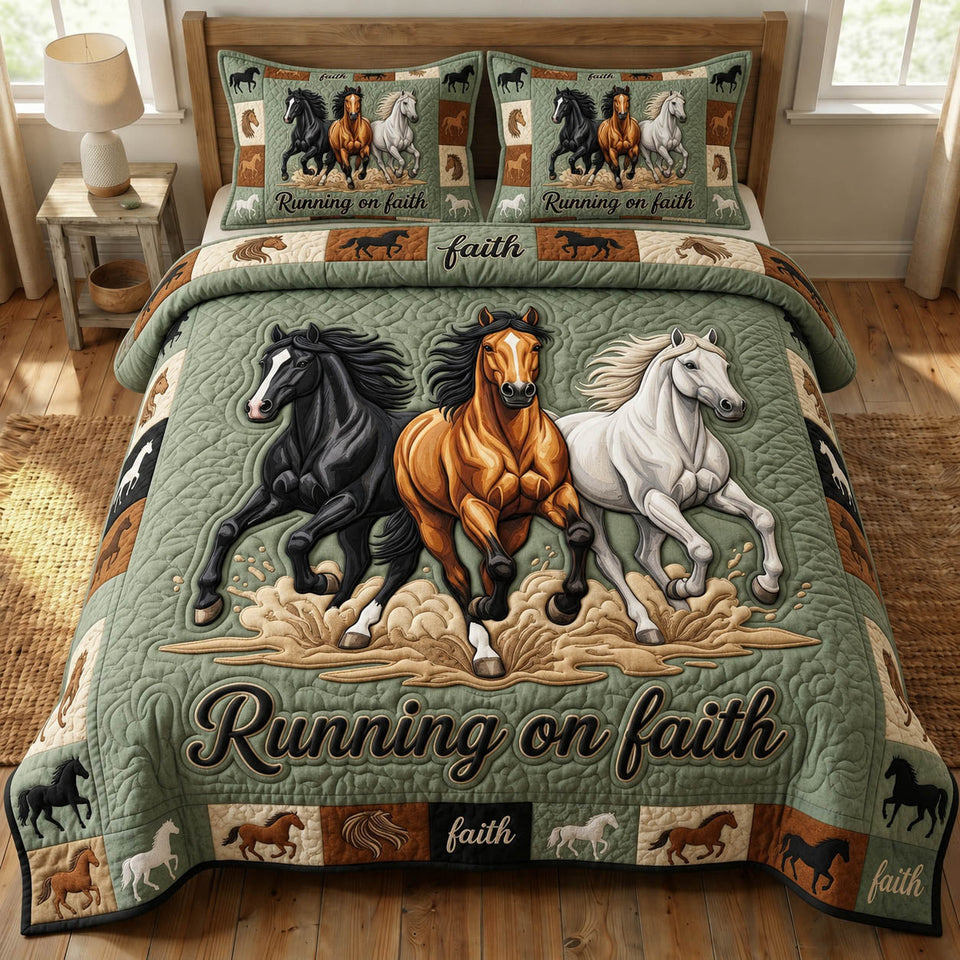 Prairie Horse Running on Faith Trio quilted bedding set, quilt and two pillow shams on a made bed