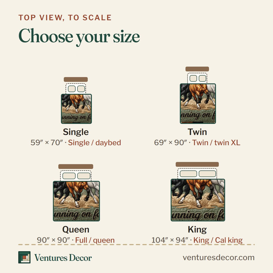 Size guide for the Prairie Horse Running on Faith Trio quilt, top view to scale: Single 59 x 70 in, Twin 69 x 90 in, Queen 90 x 90 in, King 104 x 94 in