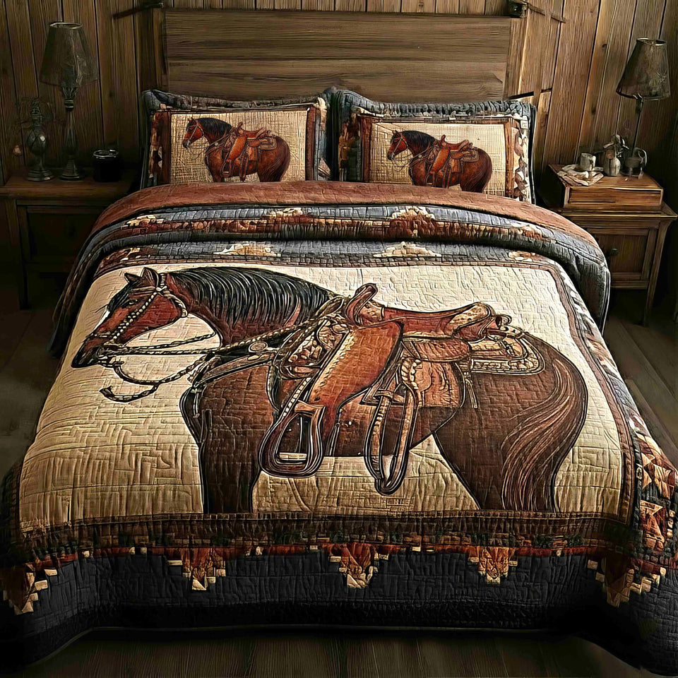 Prairie Horse Saddled Stand Southwest quilted bedding set, quilt and two pillow shams on a made bed