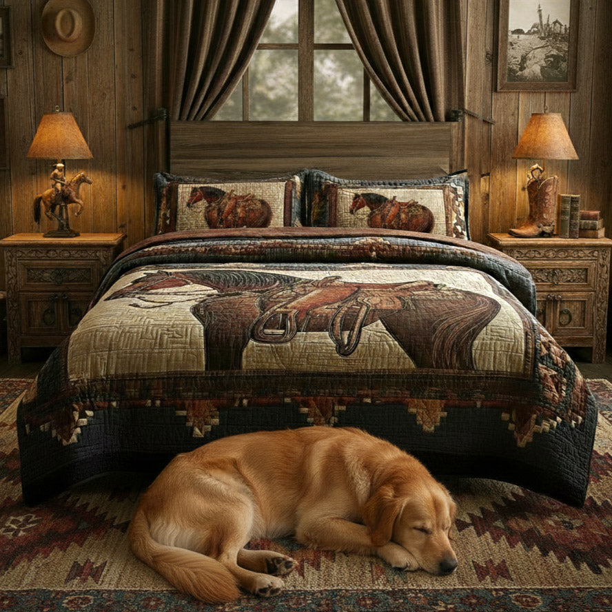 Prairie Horse Saddled Stand Southwest quilted bedding set, another view of the printed design