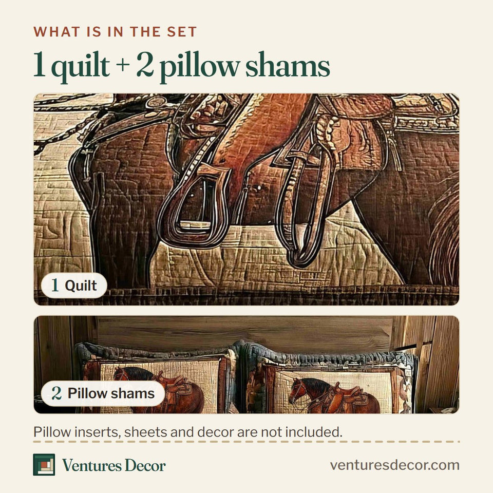 What is in the set: one quilt and two pillow shams, shown in the Prairie Horse Saddled Stand Southwest design