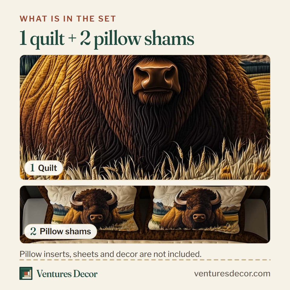 What is in the set: one quilt and two pillow shams, shown in the Prairie King Bison Roam design