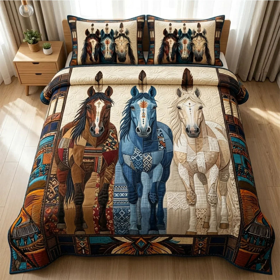 Prairie Soul Runner Blanketed Trio quilted bedding set, quilt and two pillow shams on a made bed