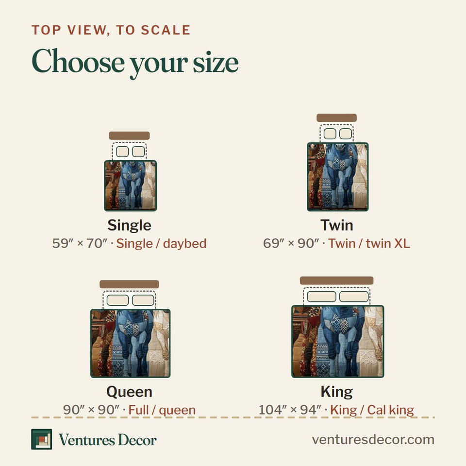 Size guide for the Prairie Soul Runner Blanketed Trio quilt, top view to scale: Single 59 x 70 in, Twin 69 x 90 in, Queen 90 x 90 in, King 104 x 94 in