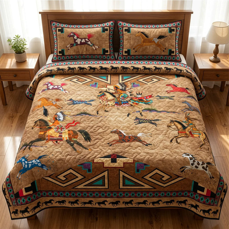 Prairie Soul Runner Riders quilted bedding set, quilt and two pillow shams on a made bed