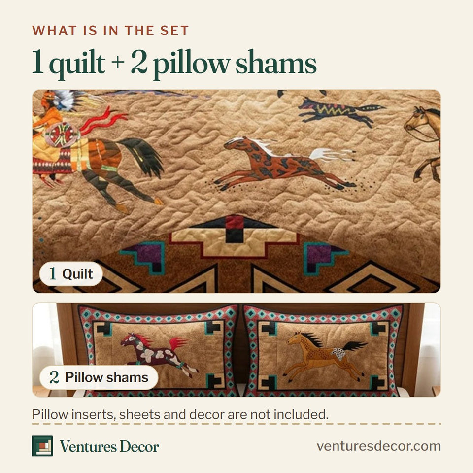 What is in the set: one quilt and two pillow shams, shown in the Prairie Soul Runner Riders design