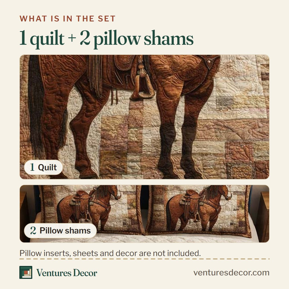 What is in the set: one quilt and two pillow shams, shown in the Prairie Stallion Saddle Ready design