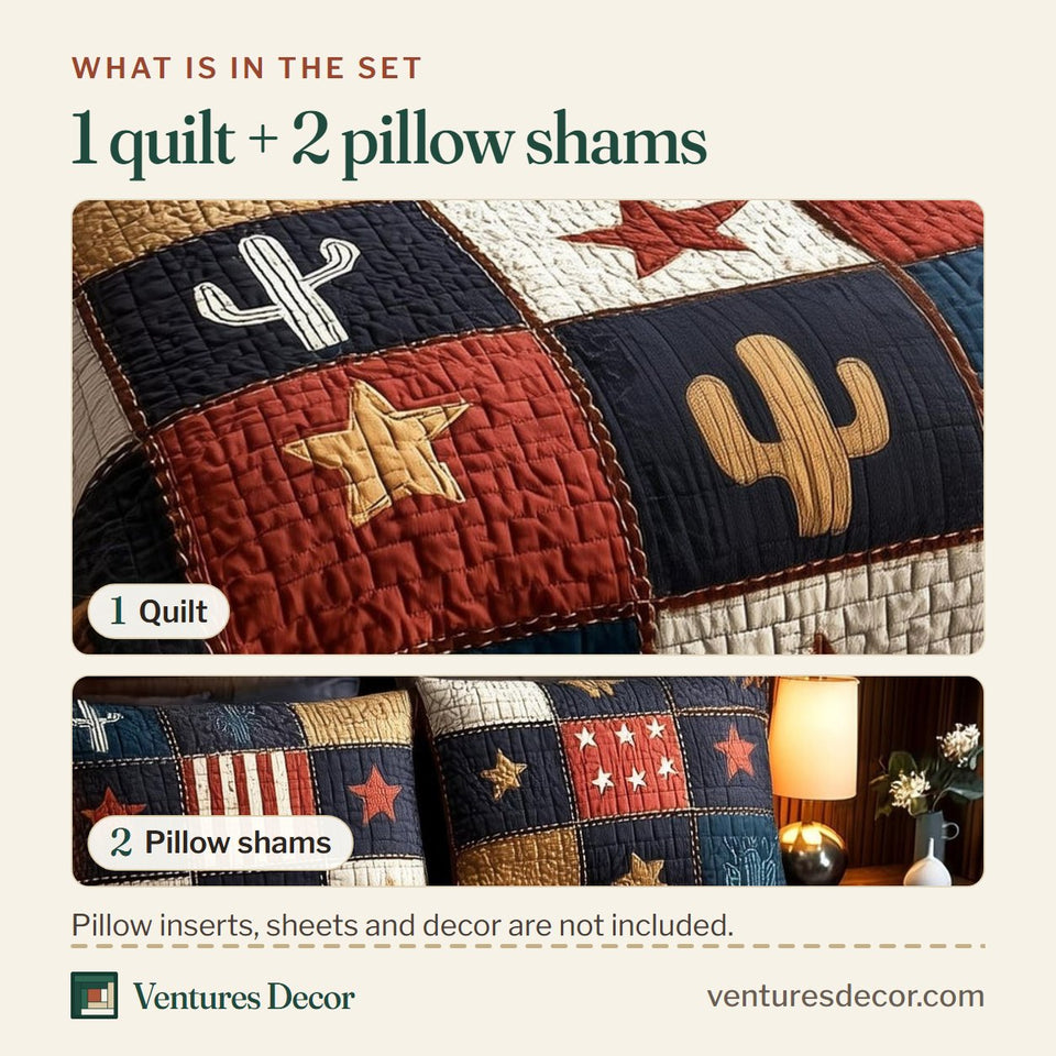 What is in the set: one quilt and two pillow shams, shown in the Prairie Star Cactus Blocks design