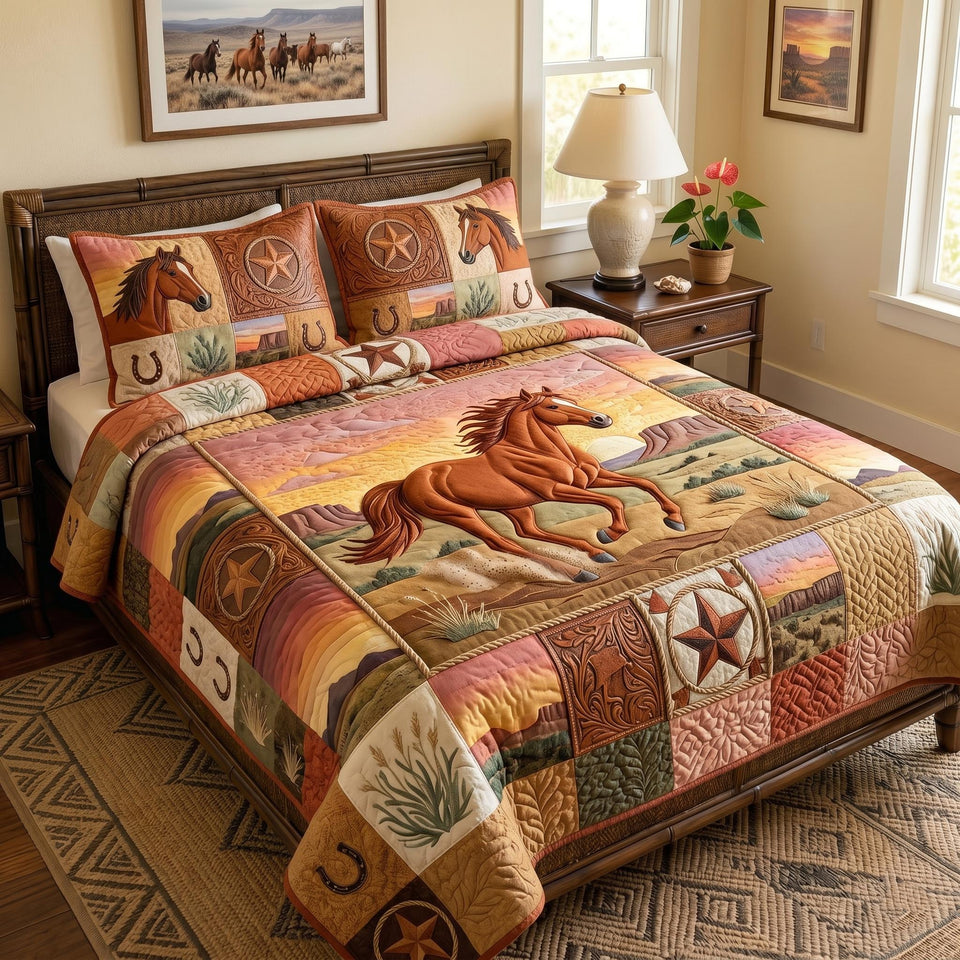 Prairie Wind Runner quilted bedding set, quilt and two pillow shams on a made bed