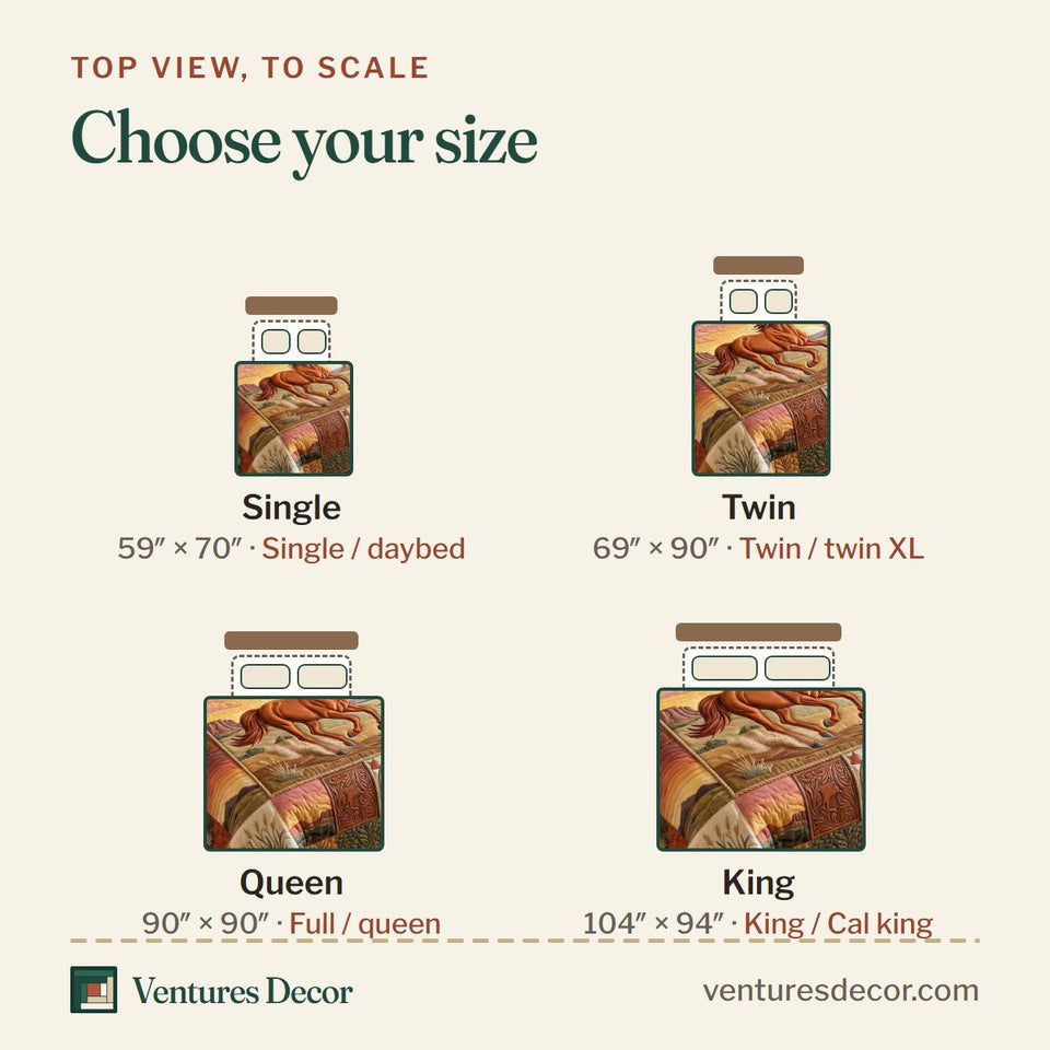 Size guide for the Prairie Wind Runner quilt, top view to scale: Single 59 x 70 in, Twin 69 x 90 in, Queen 90 x 90 in, King 104 x 94 in