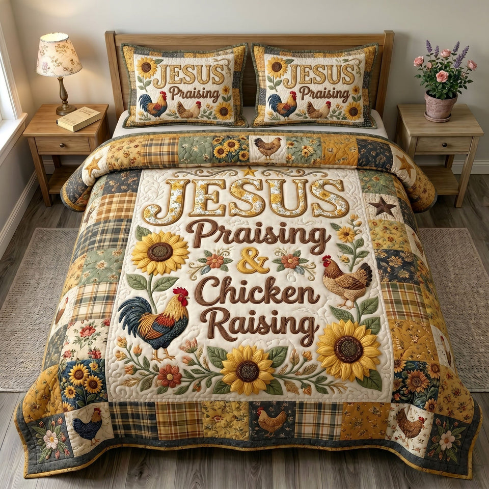 Praising And Chicken Raising quilted bedding set, quilt and two pillow shams on a made bed