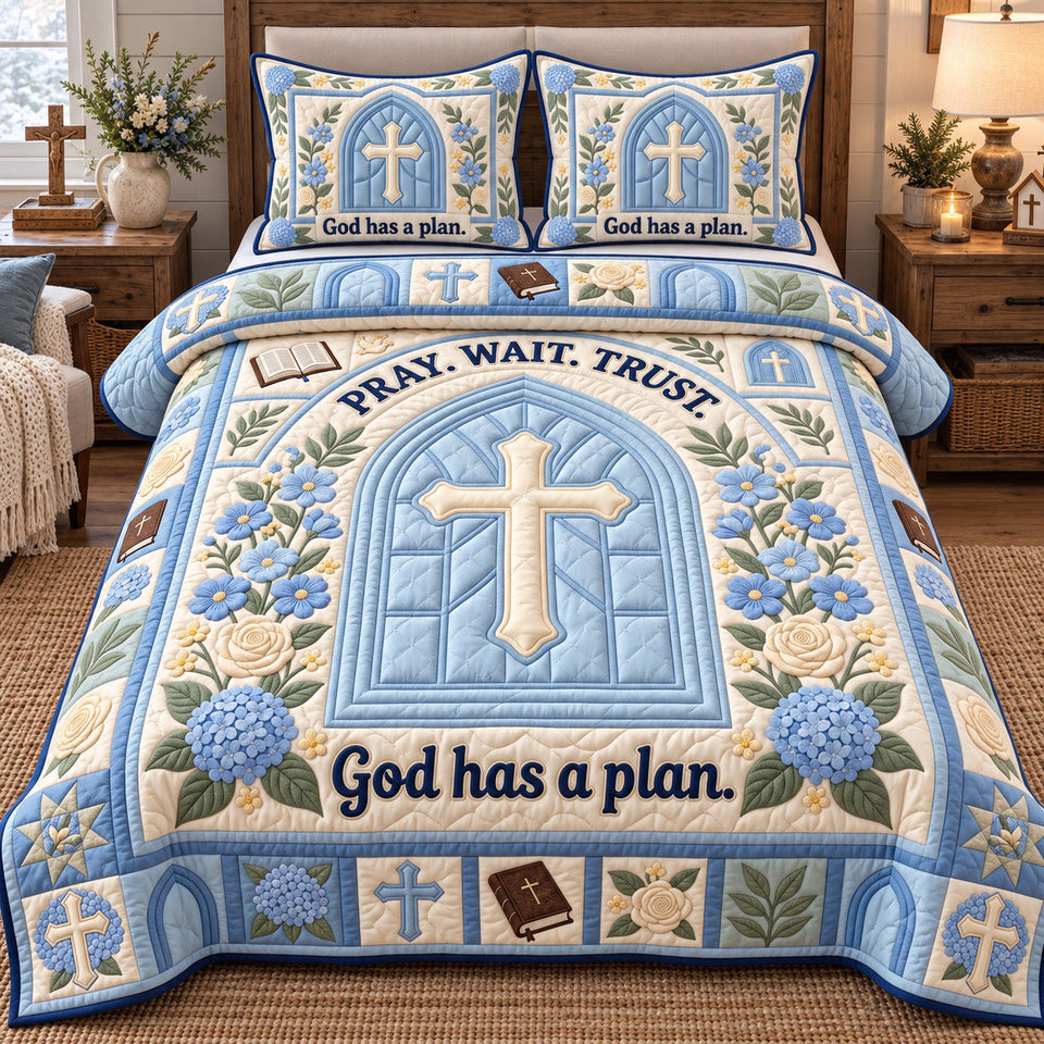 Pray Wait Trust Bible quilted bedding set, quilt and two pillow shams on a made bed