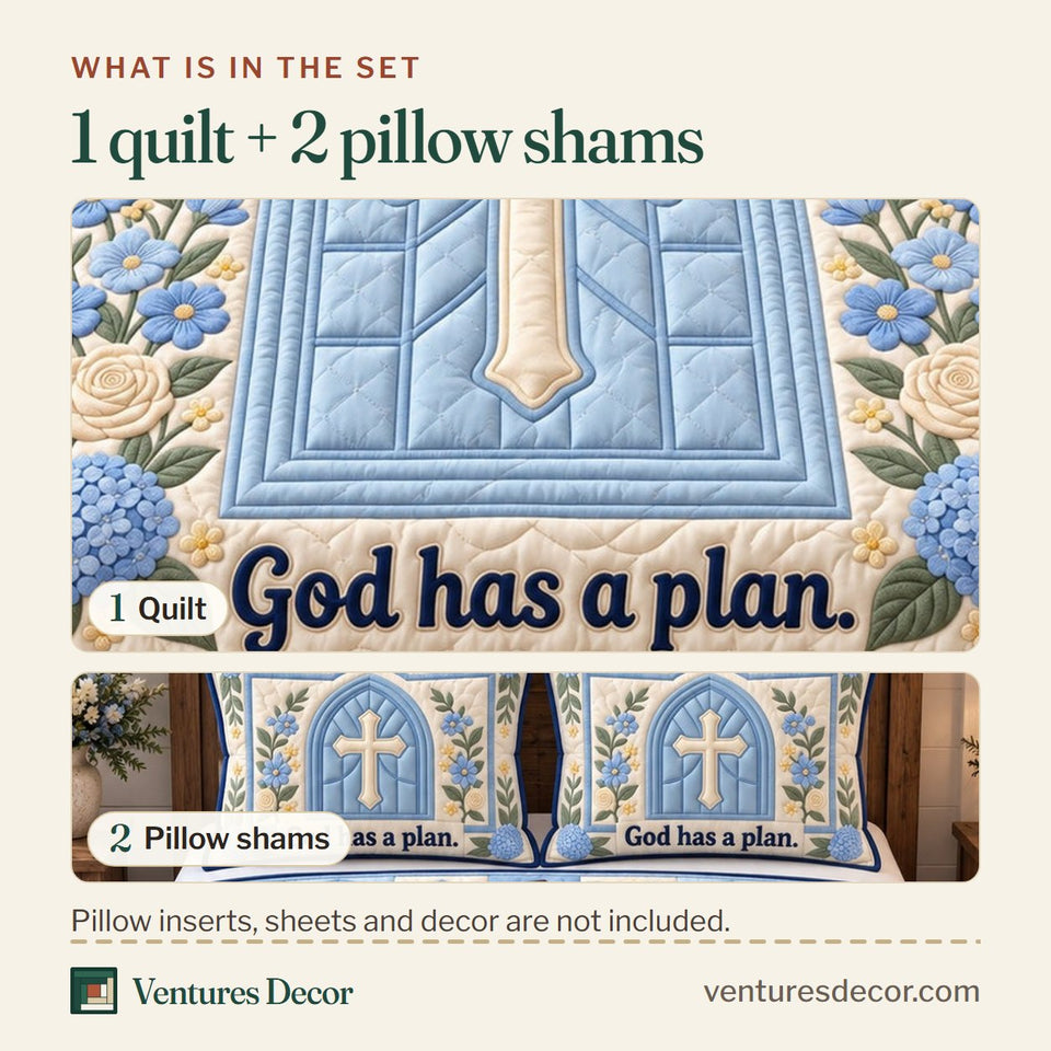 What is in the set: one quilt and two pillow shams, shown in the Christian Pray Wait Trust Bible Quilt Set, 3-Piece Quilted Bedding with 2 Pillow Shams design