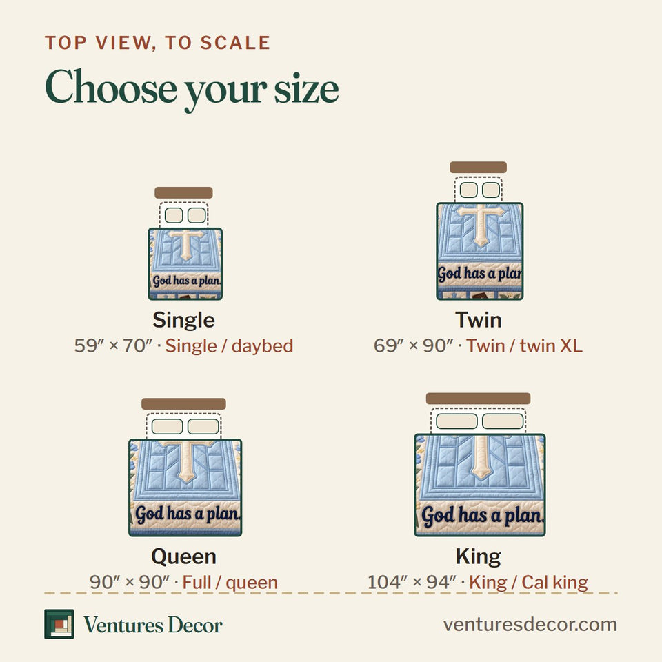 Size guide for the Christian Pray Wait Trust Bible Quilt Set, 3-Piece Quilted Bedding with 2 Pillow Shams quilt, top view to scale: Single 59 x 70 in, Twin 69 x 90 in, Queen 90 x 90 in, King 104 x 94 in