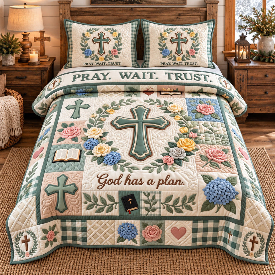 Pray Wait Trust Christian quilted bedding set, quilt and two pillow shams on a made bed