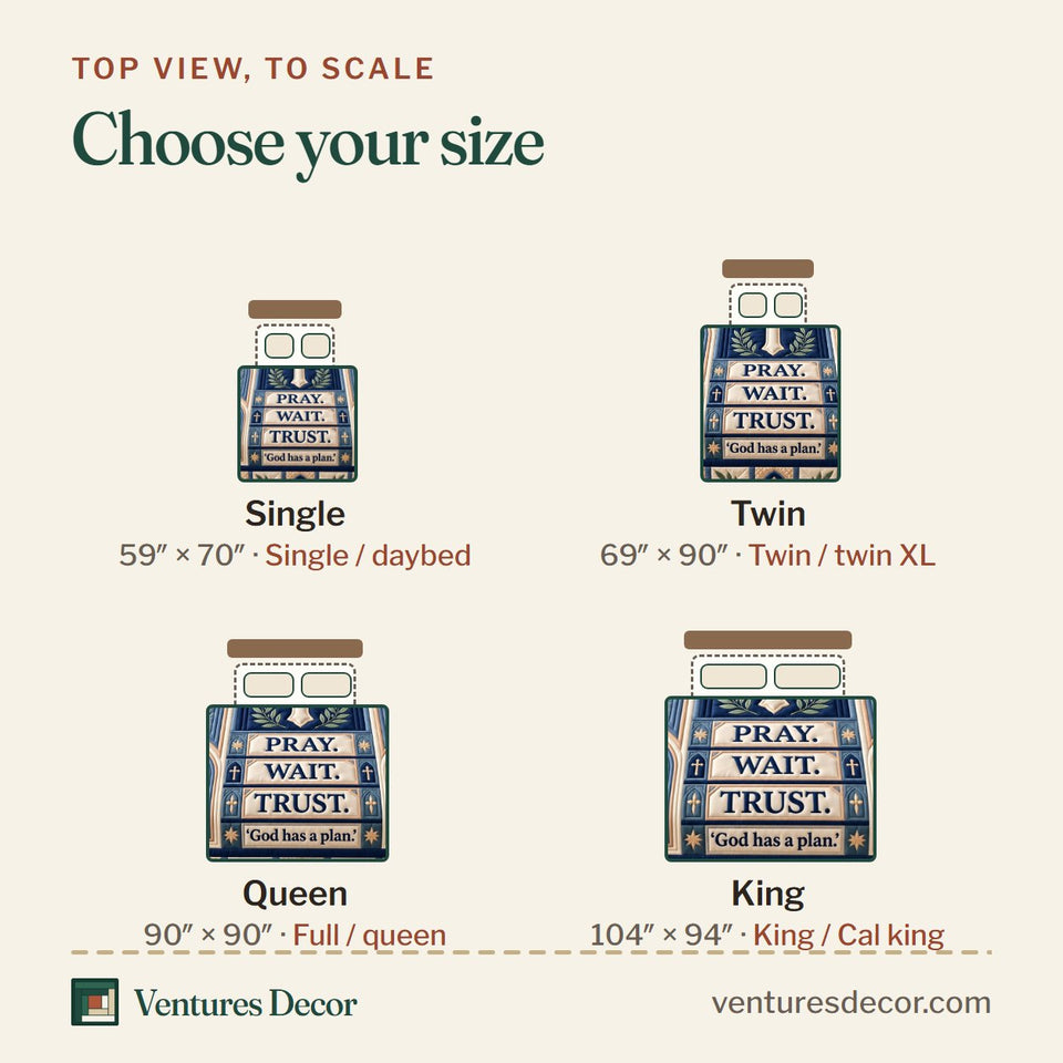Size guide for the Pray Wait Trust God Quilt Set, 3-Piece Quilted Bedding with 2 Pillow Shams quilt, top view to scale: Single 59 x 70 in, Twin 69 x 90 in, Queen 90 x 90 in, King 104 x 94 in