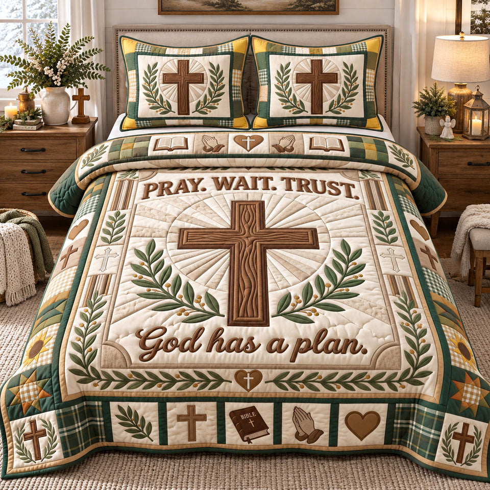 Pray Wait Trust in Brown quilted bedding set, quilt and two pillow shams on a made bed