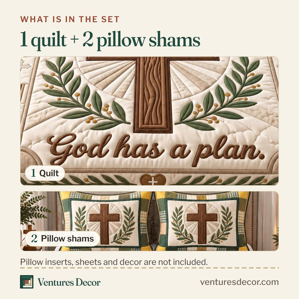 What is in the set: one quilt and two pillow shams, shown in the Pray Wait Trust in Brown Quilt Set, 3-Piece Quilted Bedding with 2 Pillow Shams design