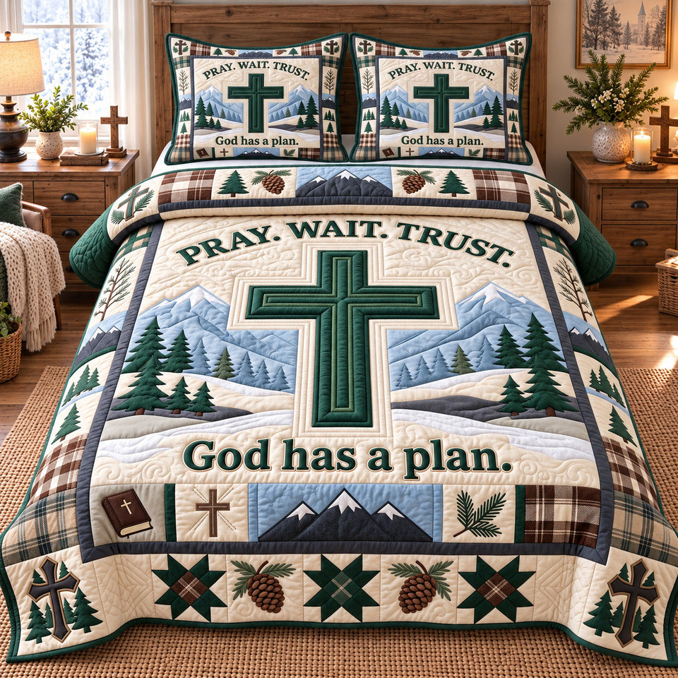 Pray Wait Trust Jesus quilted bedding set, quilt and two pillow shams on a made bed