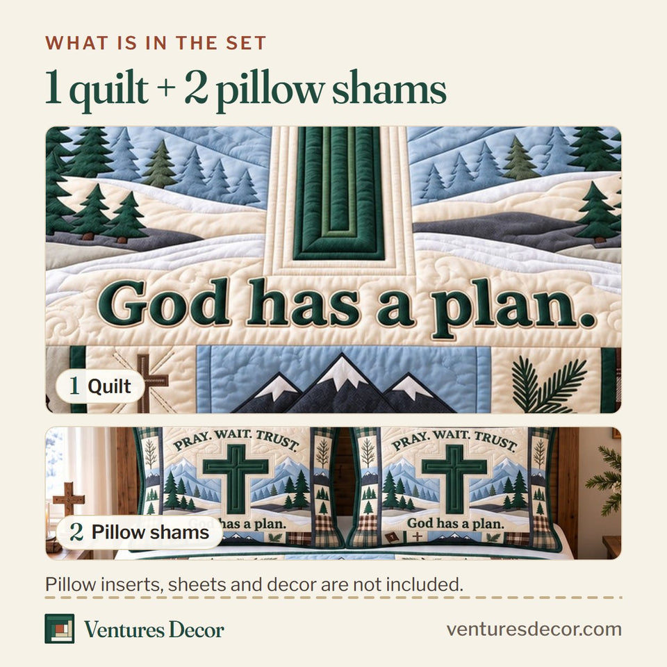 What is in the set: one quilt and two pillow shams, shown in the Christian Pray Wait Trust Jesus Quilt Set, 3-Piece Quilted Bedding with 2 Pillow Shams design