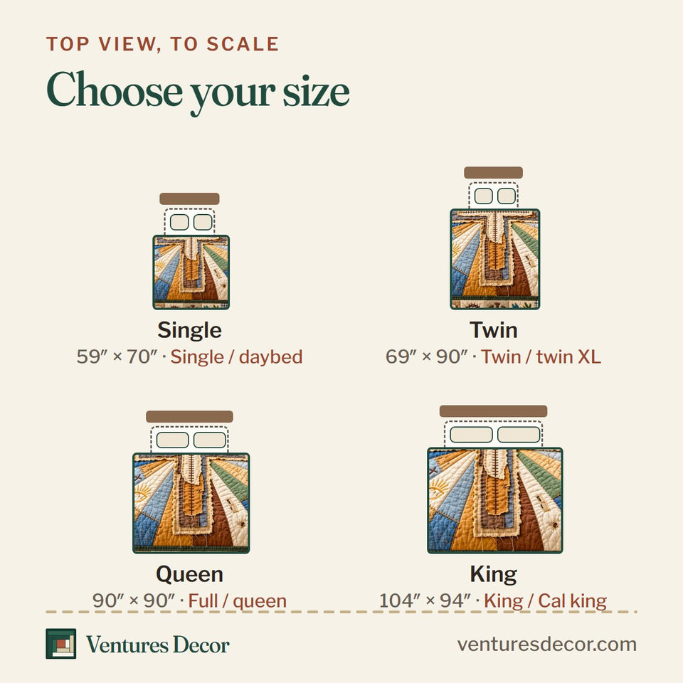 Size guide for the Pray Wait Trust quilt, top view to scale: Single 59 x 70 in, Twin 69 x 90 in, Queen 90 x 90 in, King 104 x 94 in