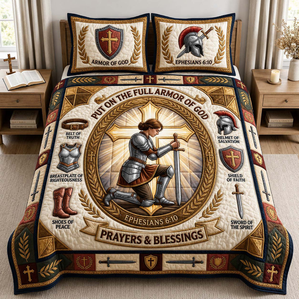Prayer Armor Blessing quilted bedding set, quilt and two pillow shams on a made bed
