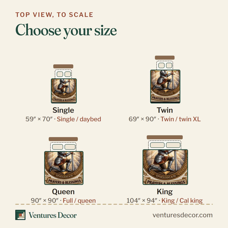 Size guide for the Prayer Armor Blessing quilt, top view to scale: Single 59 x 70 in, Twin 69 x 90 in, Queen 90 x 90 in, King 104 x 94 in