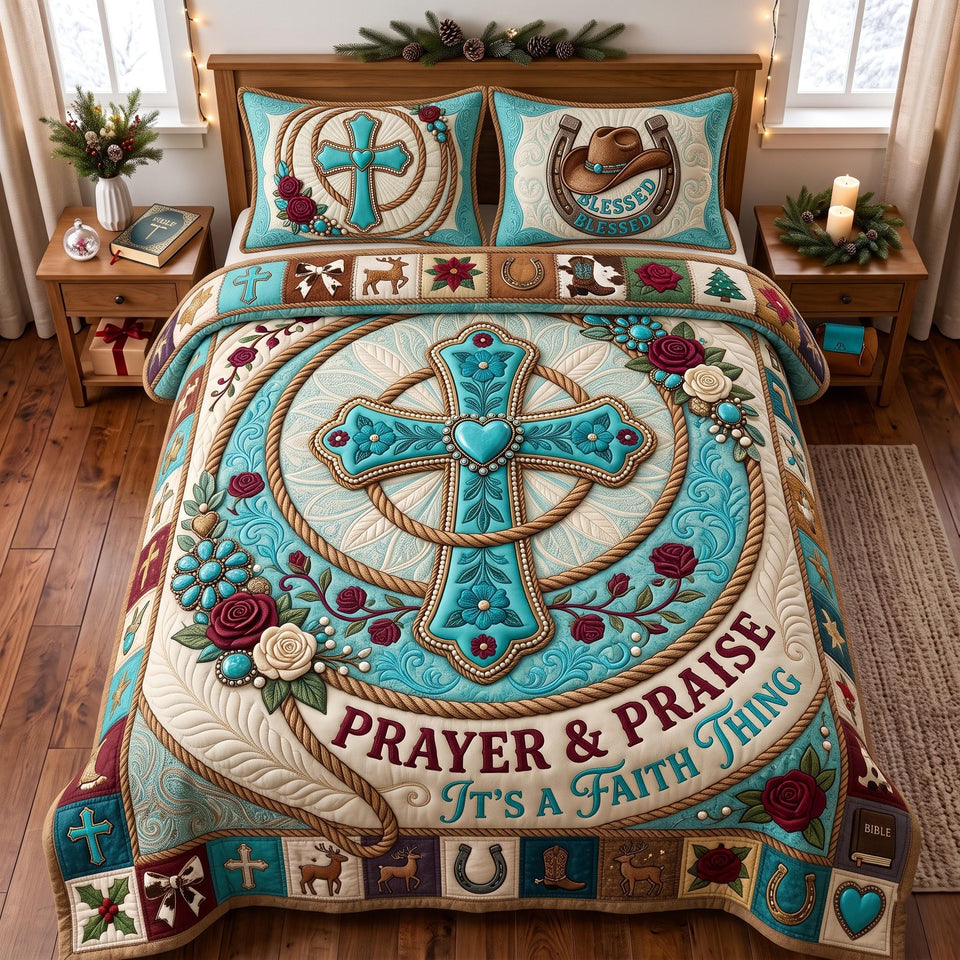 Prayer Praise Cross quilted bedding set, quilt and two pillow shams on a made bed