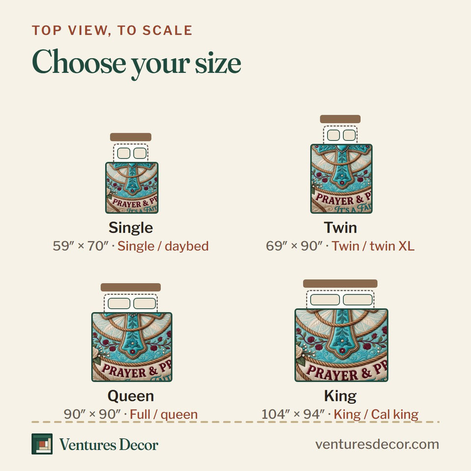Size guide for the Prayer Praise Cross quilt, top view to scale: Single 59 x 70 in, Twin 69 x 90 in, Queen 90 x 90 in, King 104 x 94 in