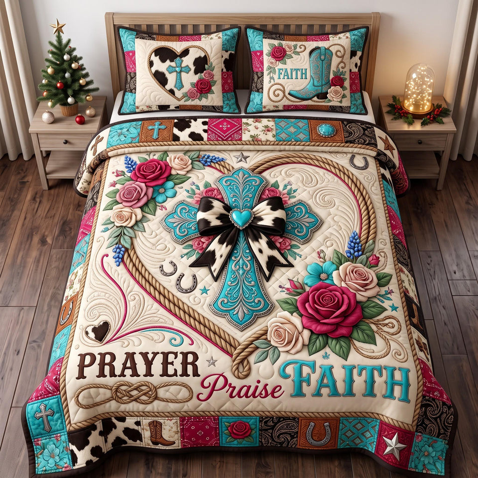 Prayer Praise Faith quilted bedding set, quilt and two pillow shams on a made bed