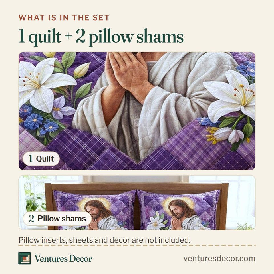 What is in the set: one quilt and two pillow shams, shown in the Praying Jesus Lilies design