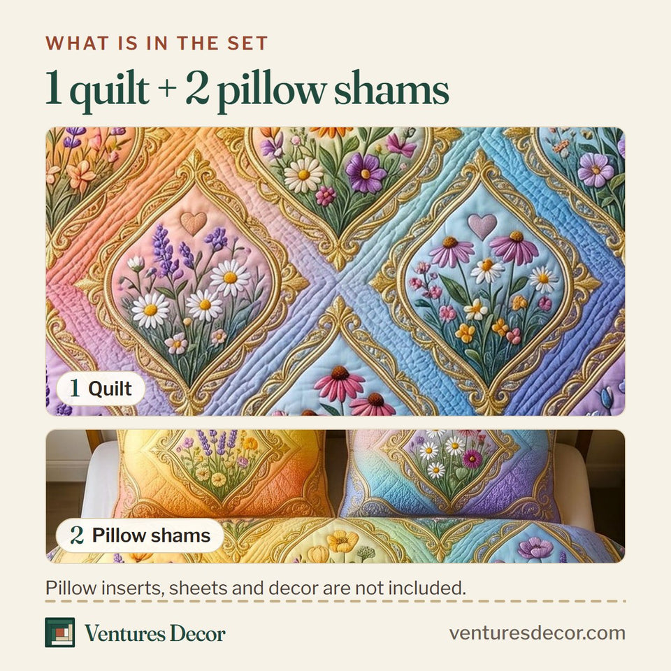 What is in the set: one quilt and two pillow shams, shown in the Pride Love Forever design