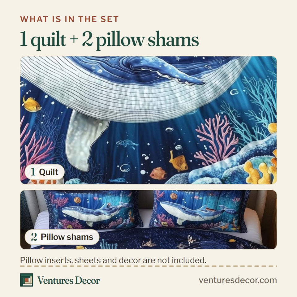 What is in the set: one quilt and two pillow shams, shown in the Prism Whale Coral Reef Glide design