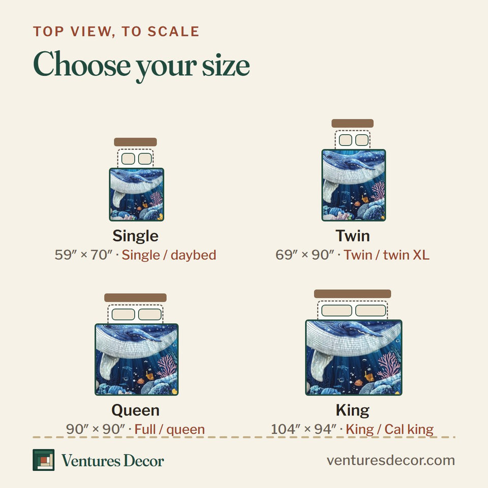 Size guide for the Prism Whale Coral Reef Glide quilt, top view to scale: Single 59 x 70 in, Twin 69 x 90 in, Queen 90 x 90 in, King 104 x 94 in