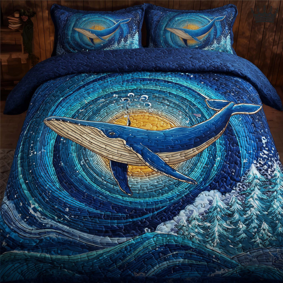 Prism Whale Golden Moon Spiral quilted bedding set, quilt and two pillow shams on a made bed