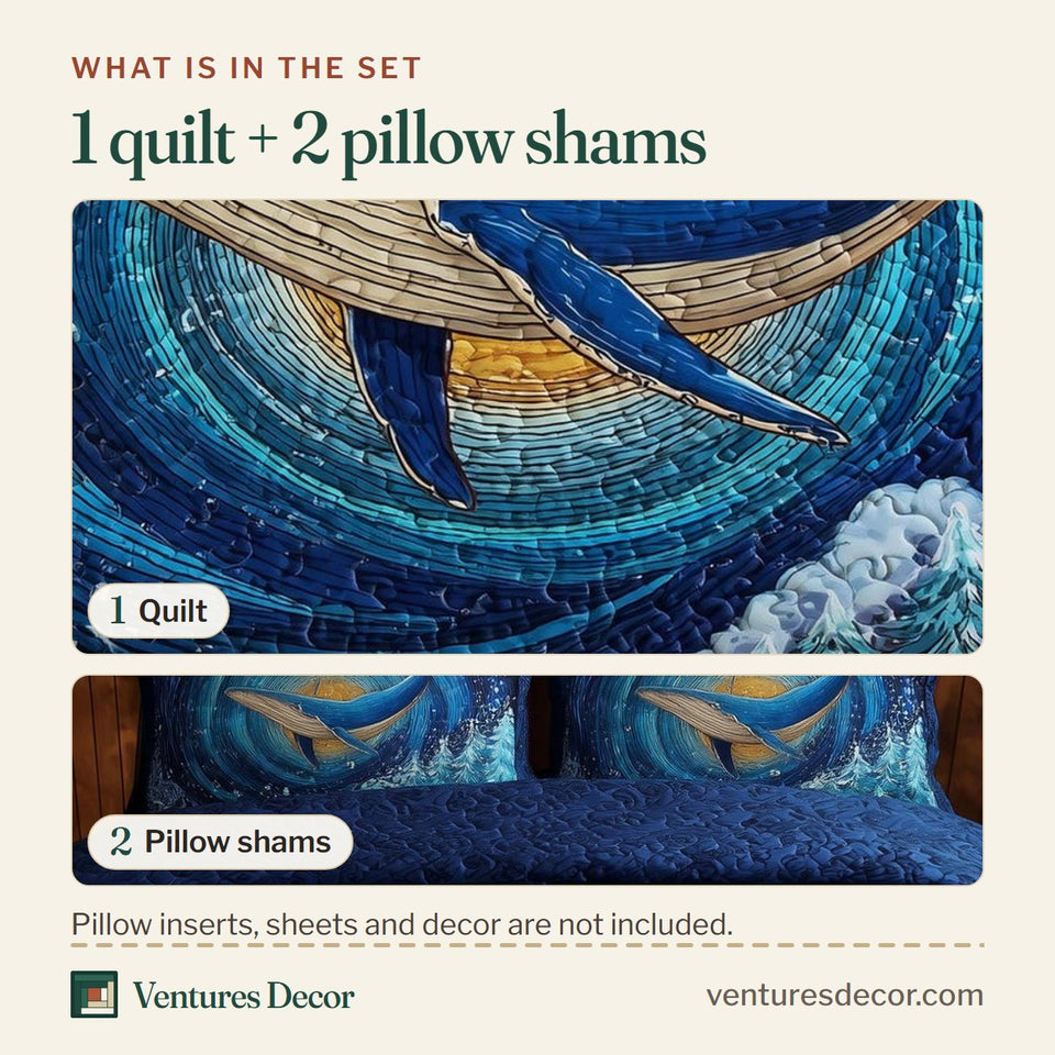 What is in the set: one quilt and two pillow shams, shown in the Prism Whale Golden Moon Spiral design