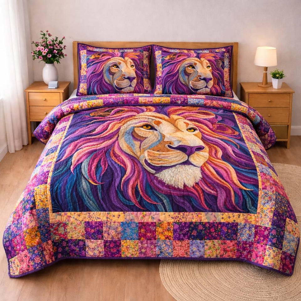 Prismatic Mane quilted bedding set, quilt and two pillow shams on a made bed