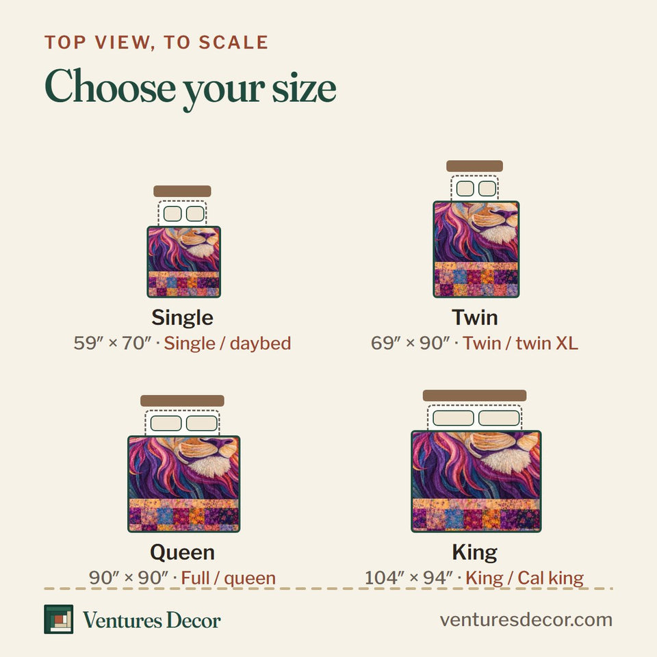 Size guide for the Prismatic Mane quilt, top view to scale: Single 59 x 70 in, Twin 69 x 90 in, Queen 90 x 90 in, King 104 x 94 in