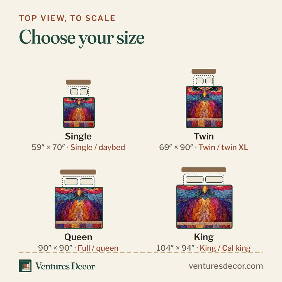 Size guide for the Prismatic Patchwork Owl quilt, top view to scale: Single 59 x 70 in, Twin 69 x 90 in, Queen 90 x 90 in, King 104 x 94 in