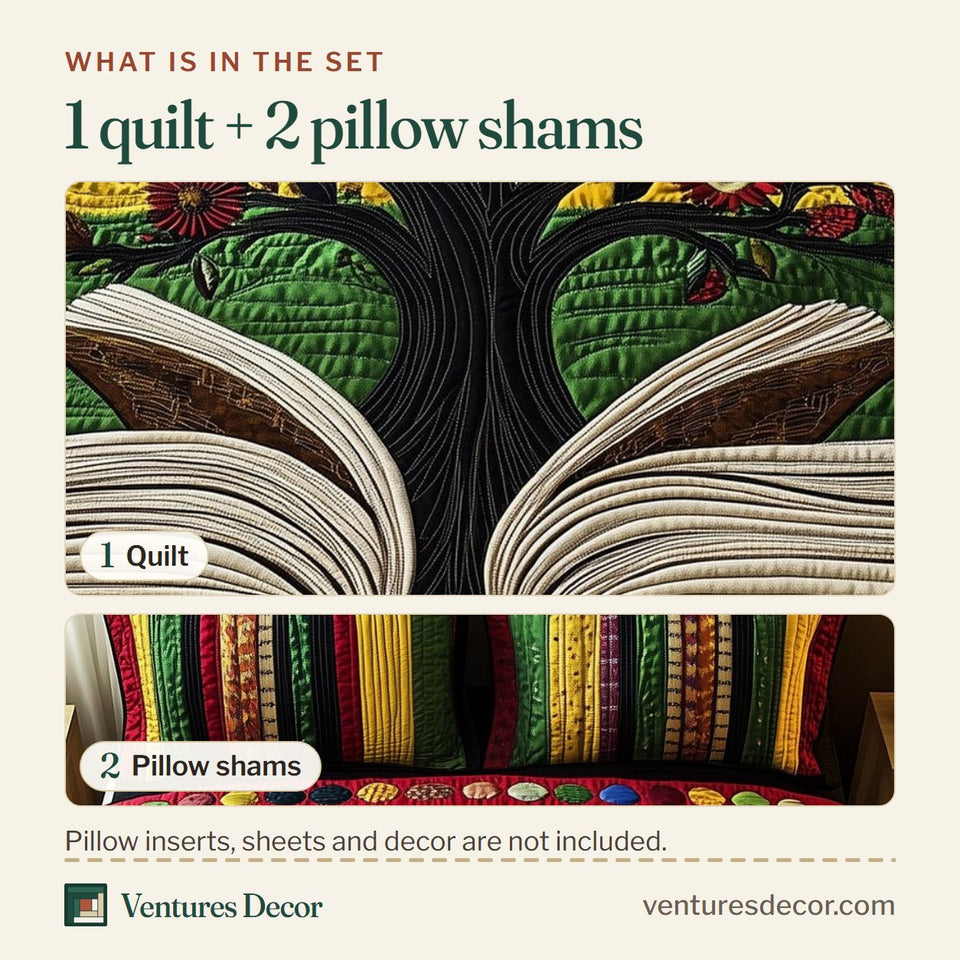 What is in the set: one quilt and two pillow shams, shown in the Proud Roots Book and Tree of Knowledge design