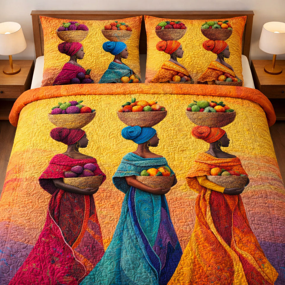 Proud Roots Fruit Basket Trio quilted bedding set, quilt and two pillow shams on a made bed
