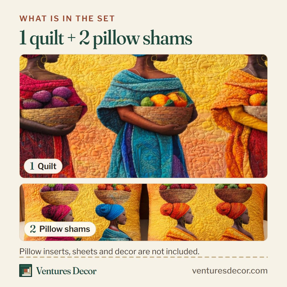 What is in the set: one quilt and two pillow shams, shown in the Proud Roots Fruit Basket Trio design