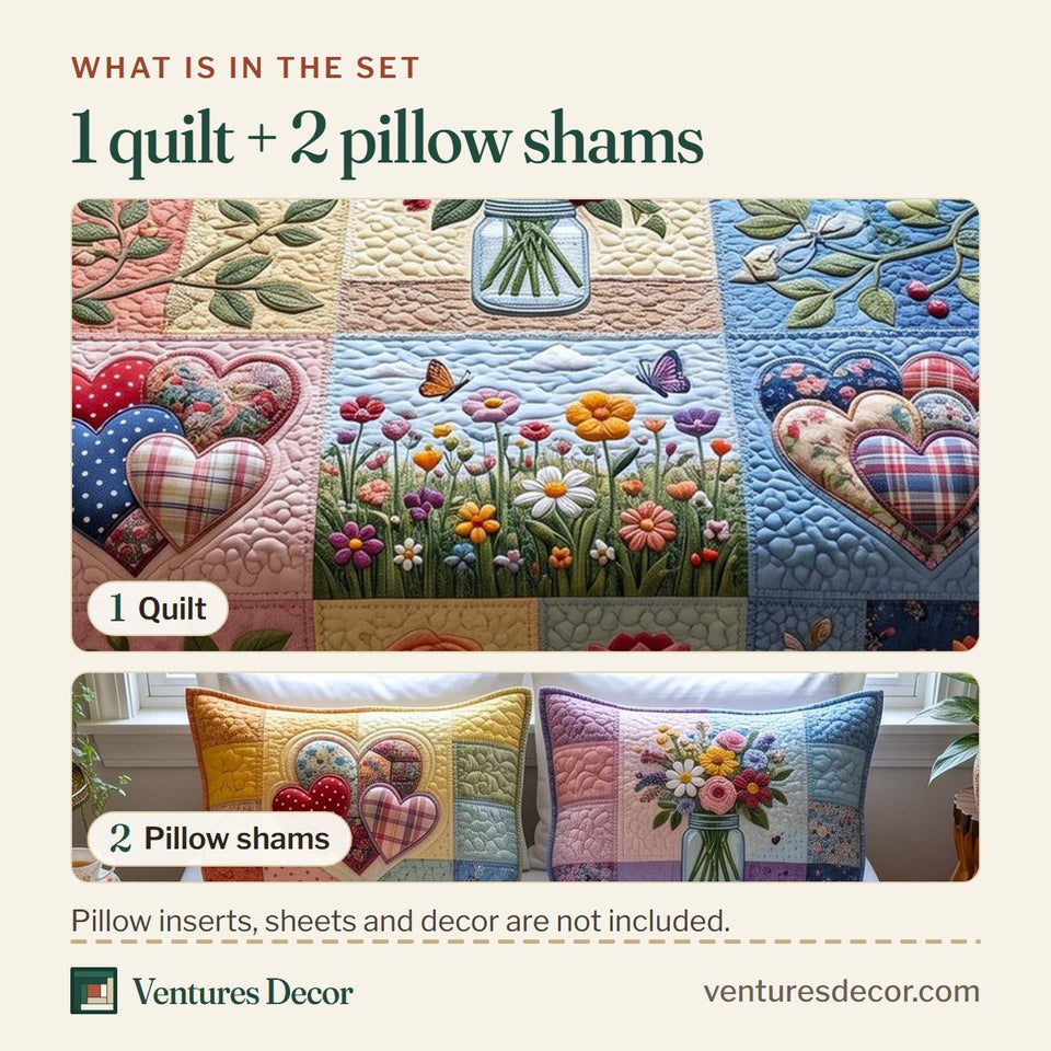 What is in the set: one quilt and two pillow shams, shown in the Proud to Love design