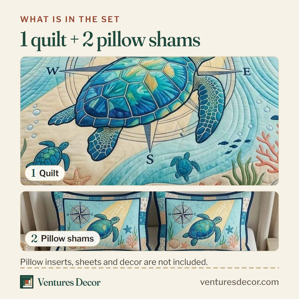 What is in the set: one quilt and two pillow shams, shown in the Psalm Compass design
