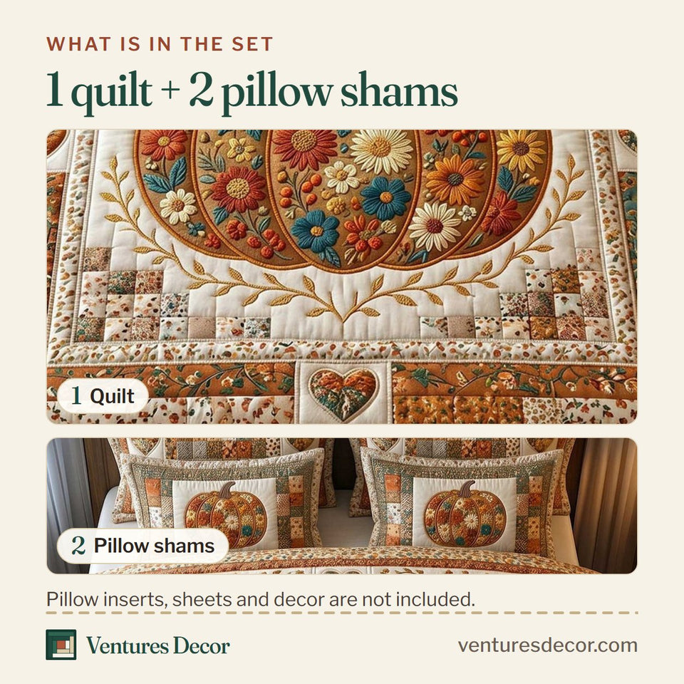 What is in the set: one quilt and two pillow shams, shown in the Pumpkin Blossom Harvest design
