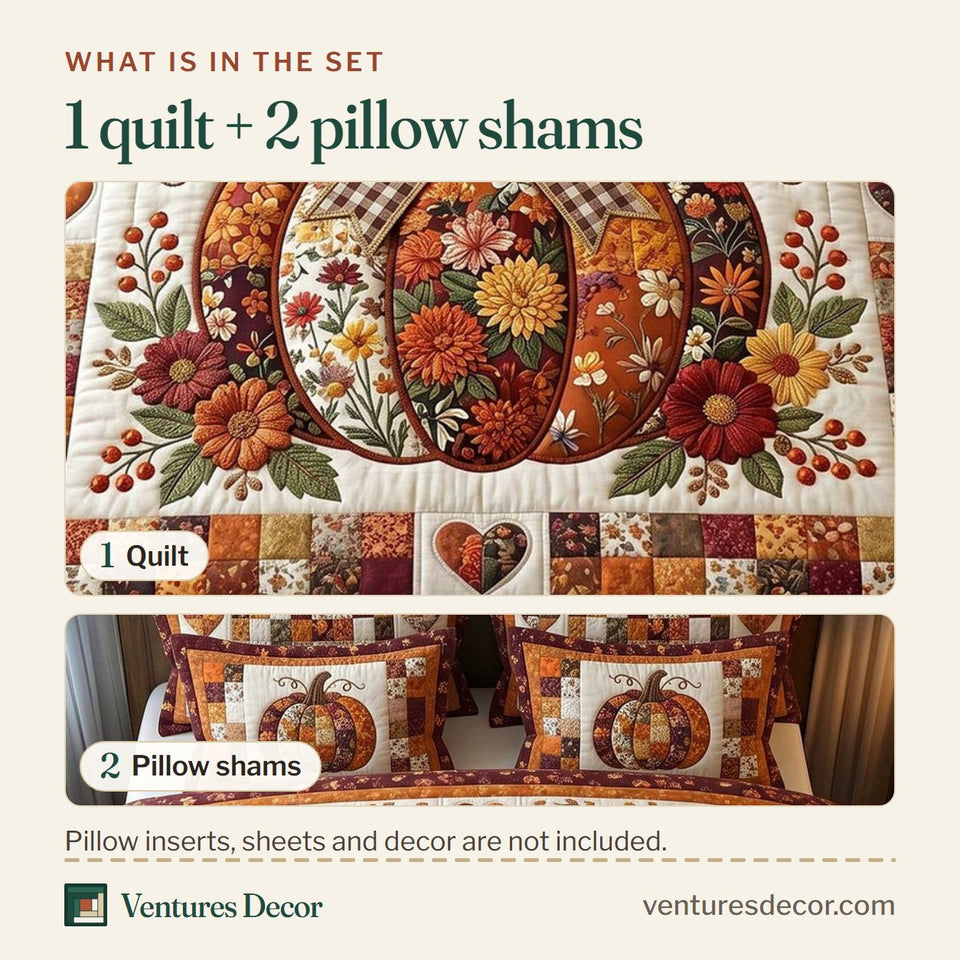 What is in the set: one quilt and two pillow shams, shown in the Pumpkin Blossoms Patchwork Rust and Red Frame design
