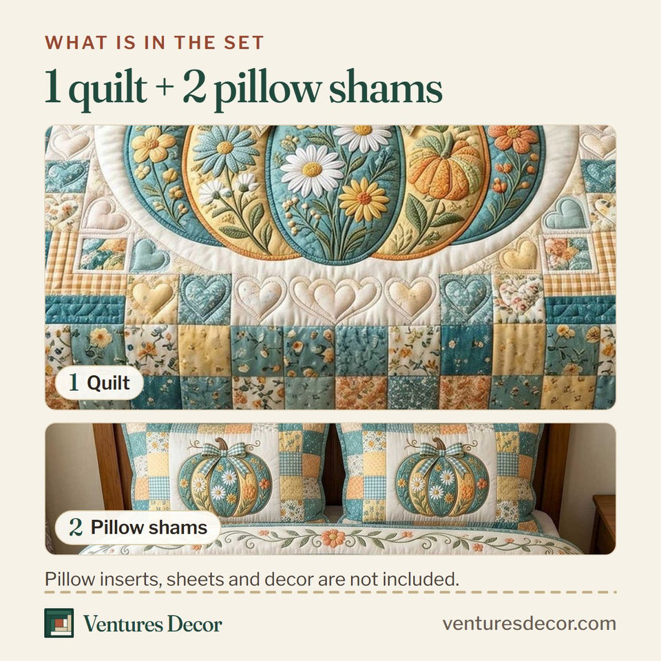 What is in the set: one quilt and two pillow shams, shown in the Pumpkin Blossoms Patchwork Teal Pumpkin on Checks design